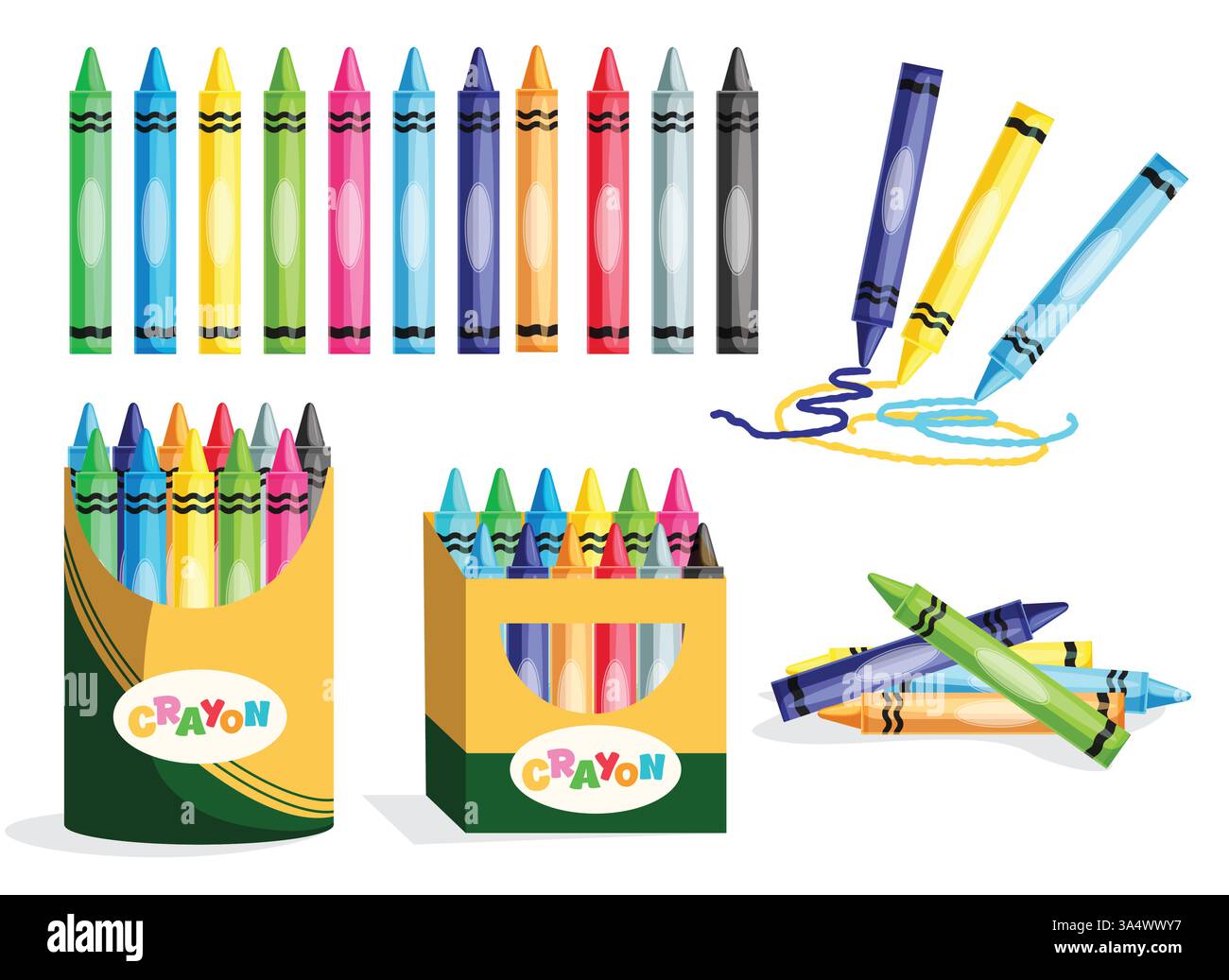 Pastelli colorati set clipart. Pastelli in cera elementi di scuola d'arte clip art forniture di colori per disegni, marcatori, materiali artistici e collezioni di strumenti di pittura Illustrazione Vettoriale