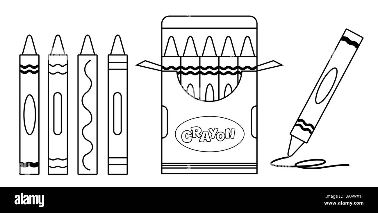 L'icona dei pastelli delinea il gruppo clipart. Pastelli di cera scolastica in sagoma disegnando clip art per strumenti artistici, materiali e forniture elementi illustrazione vettoriale. Illustrazione Vettoriale