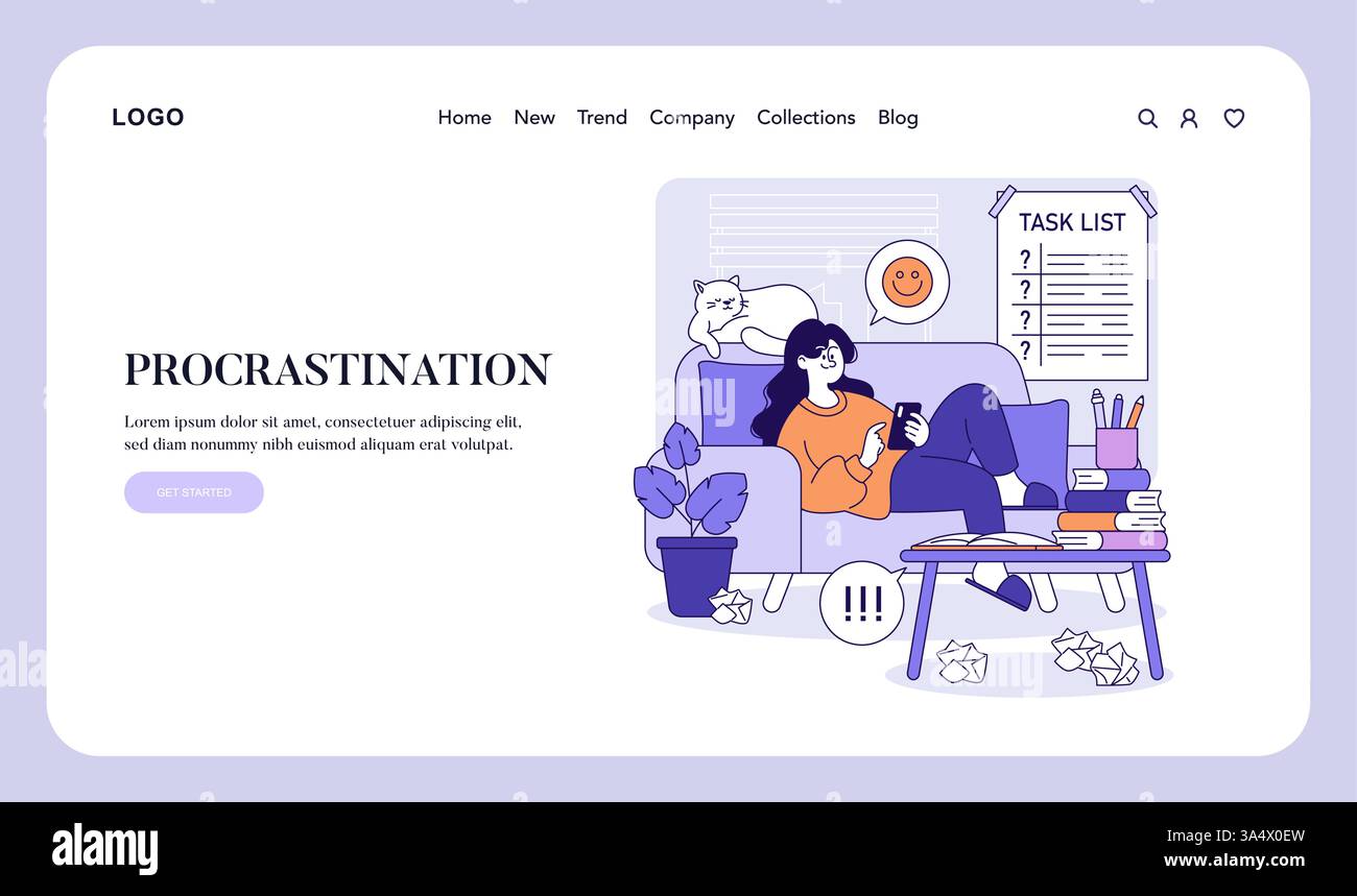 Illustrazione del concetto di procrastinazione che evidenzia un ambiente rilassato con una persona distratta da uno smartphone. I dintorni includono carte sparse, piante d'appartamento e un compagno peloso, che ritrae distrazioni comuni. Illustrazione vettoriale. Illustrazione Vettoriale