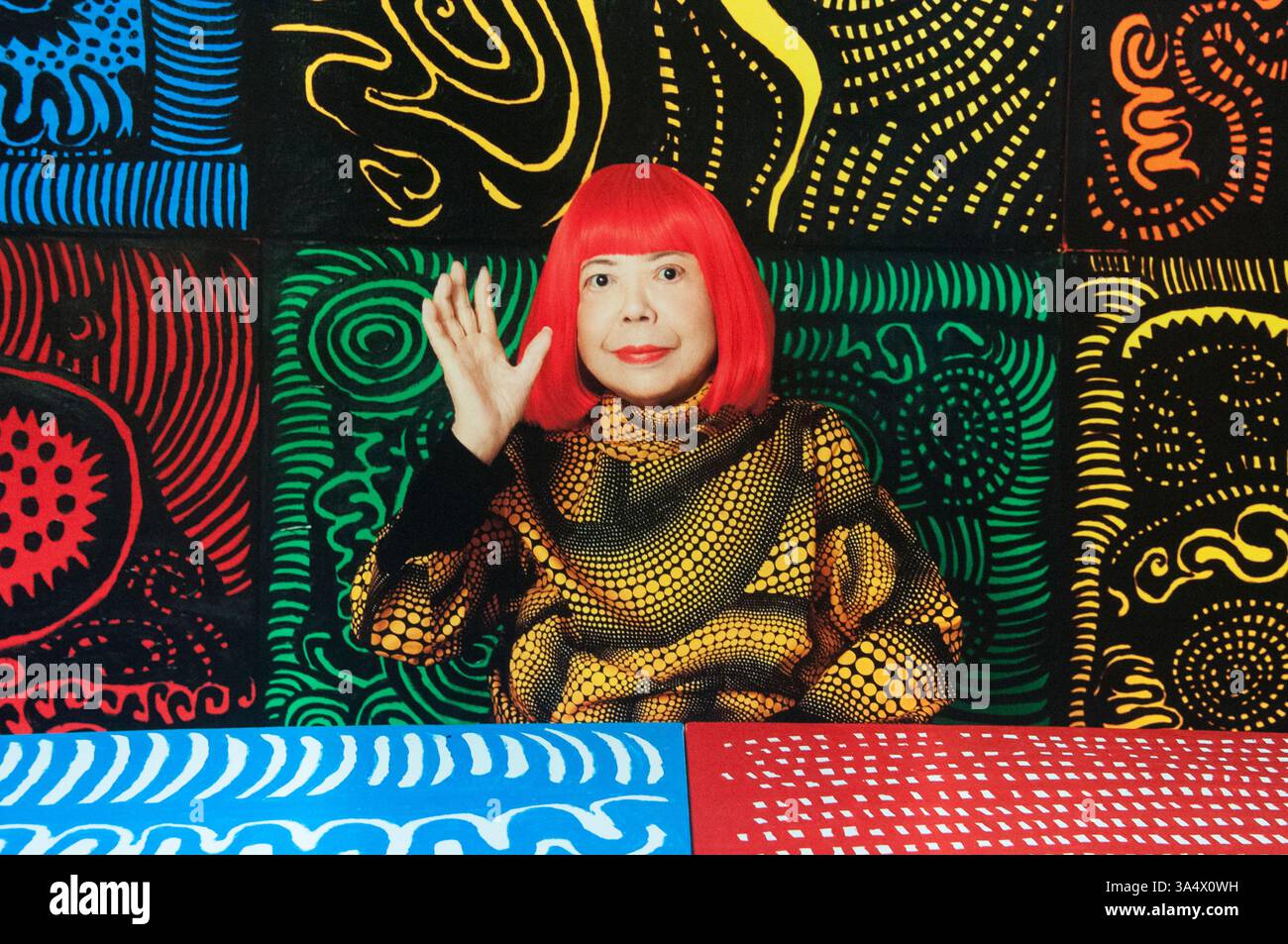 Yayoi Kusama si rivolge al pubblico in una mostra retrospettiva presso la National Gallery of Victoria, Melbourne Foto Stock