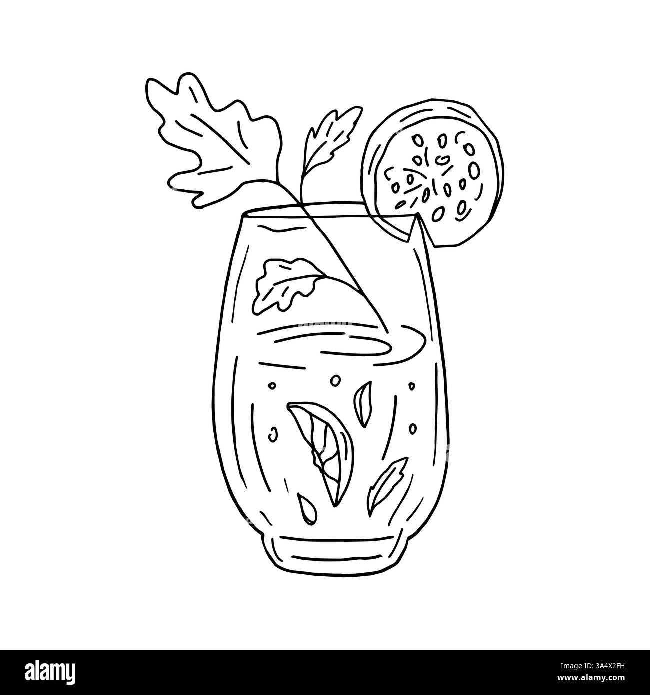 Un bicchiere di bevanda disintossicante con foglie di prezzemolo, una fetta di arancia e un cetriolo. Cocktail con acqua fresca, cibo dietetico. Illustrazione vettoriale in stile doodle. Design dei menu del ristorante, pubblicità per i bar Illustrazione Vettoriale