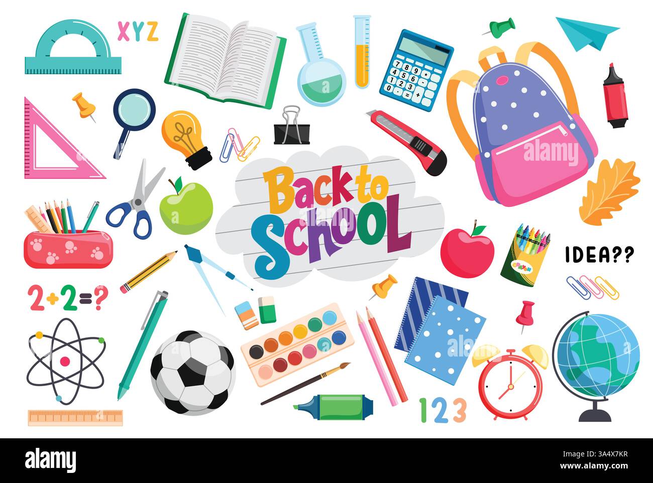 Set clipart di ritorno agli elementi scolastici. La scuola fornisce clip art colorate disegnando oggetti educativi come libri, righelli, forbici, borse e pastelli Illustrazione Vettoriale