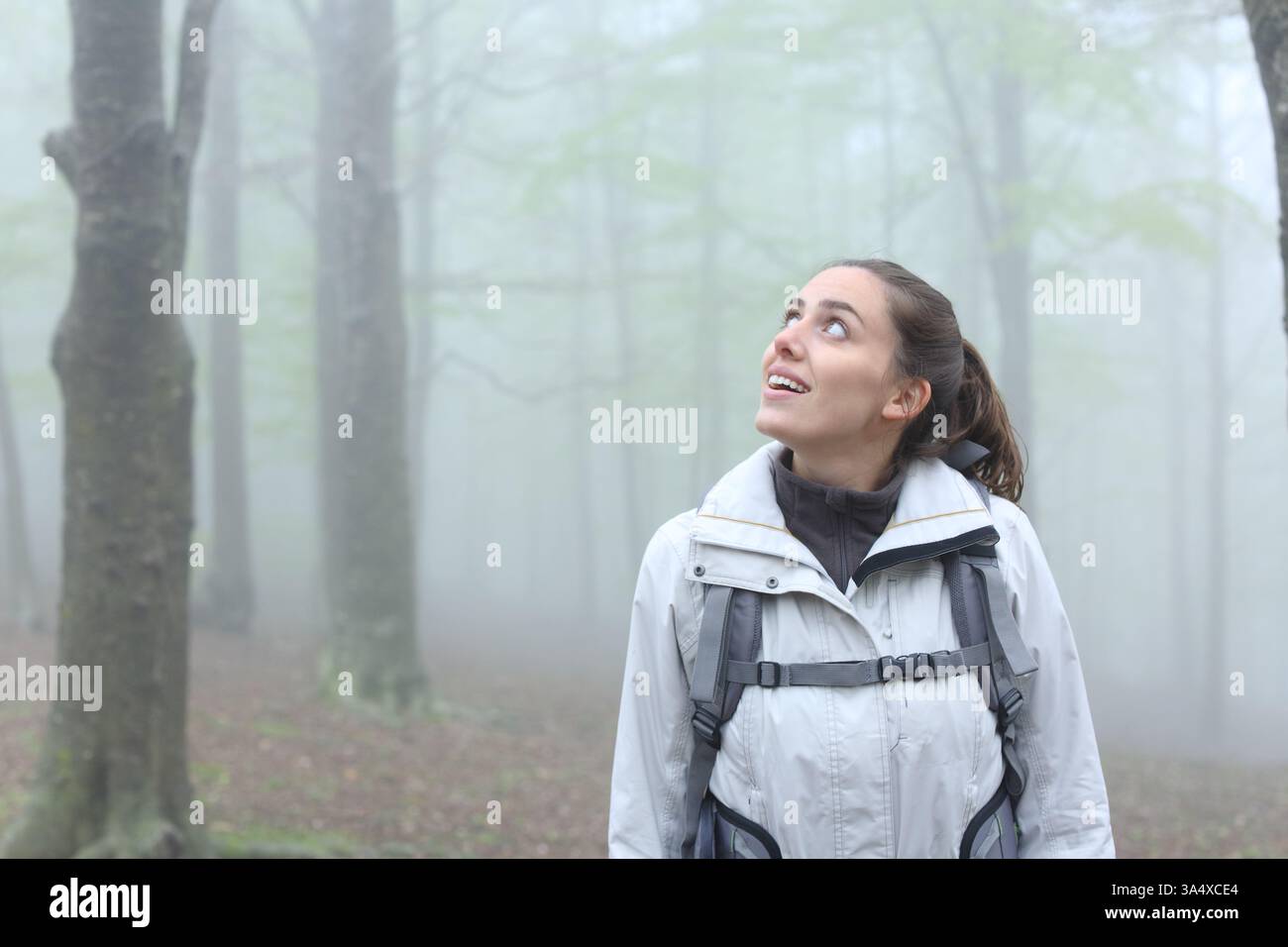 Buon escursionista che ama passeggiare in montagna guardando il lato Foto Stock