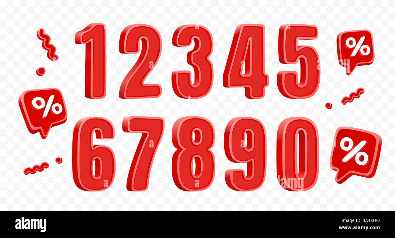 Numeri rossi, simboli volumetrici, serie di numeri in vendita. Vettore Illustrazione Vettoriale