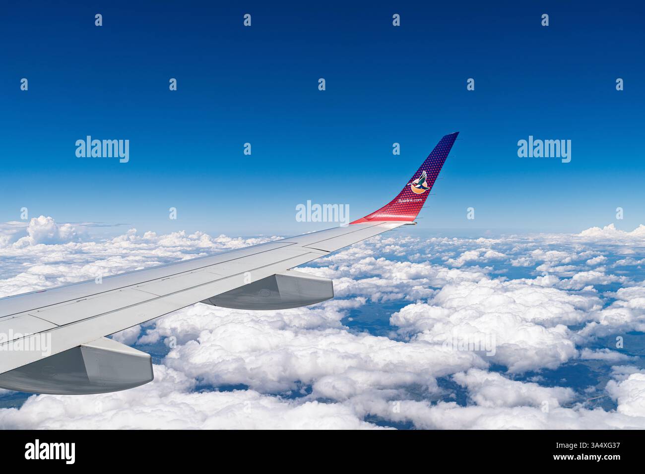 Flyairlink.com, logo di Airlink, una compagnia aerea regionale sudafricana, seenon una punta alare rovesciata in volo sopra nuvole bianche Foto Stock