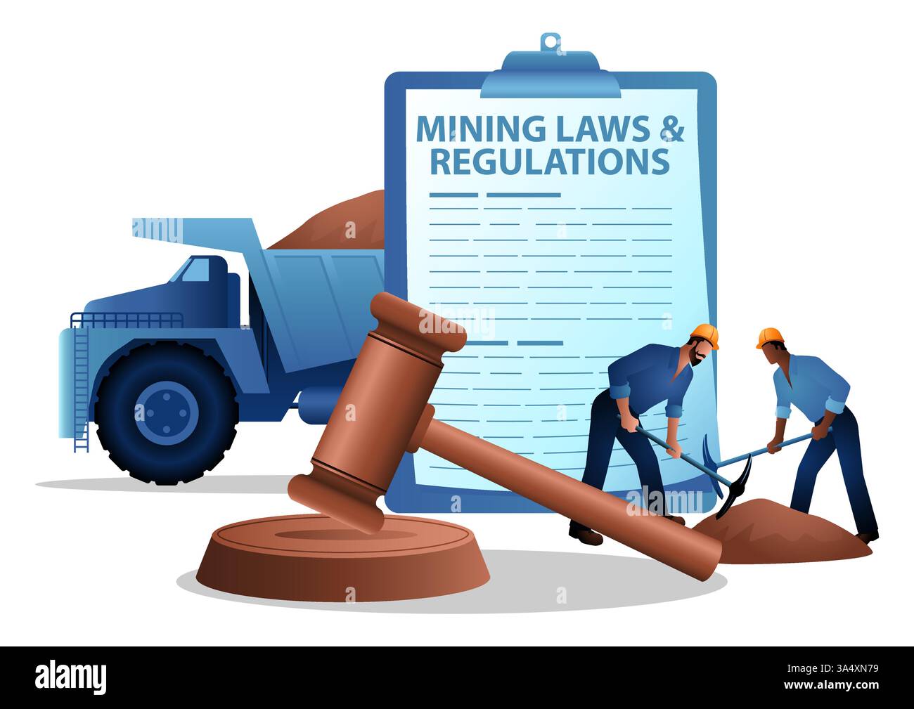 Illustrazione vettoriale delle leggi minerarie con un documento legale, martelletto, minatori e un dumper. Rappresenta le normative di settore, la conformità, le risorse extra Illustrazione Vettoriale