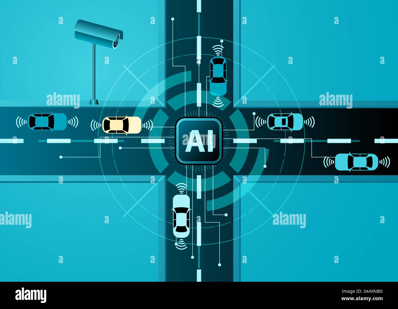 Illustrazione vettoriale di un sistema di traffico intelligente basato sull'intelligenza artificiale con auto autonome, segnali wireless e un hub ai centrale. Rappresenta la tecnologia di guida automatica Illustrazione Vettoriale
