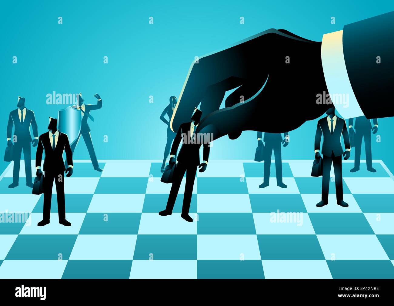 Mano gigante che mette i suoi dipendenti sulla scacchiera, concetti di collocare i dipendenti giusti nei ruoli ideali, processo di ottimizzazione del capitale umano Illustrazione Vettoriale