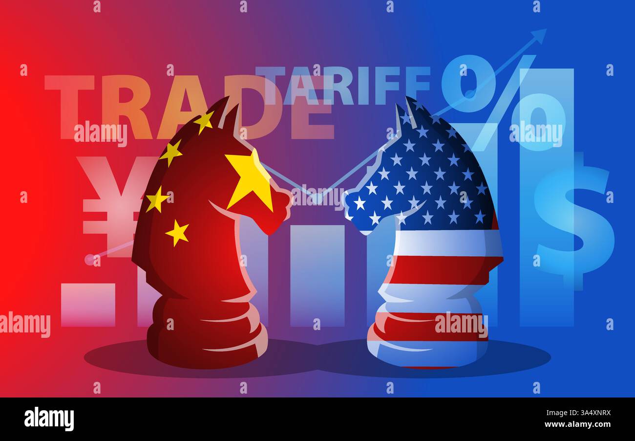 Guerra commerciale USA-Cina con cavalieri scacchistici con bandiere americane e cinesi. Rappresenta le politiche strategiche nella concorrenza economica globale. Illustrazione Vettoriale