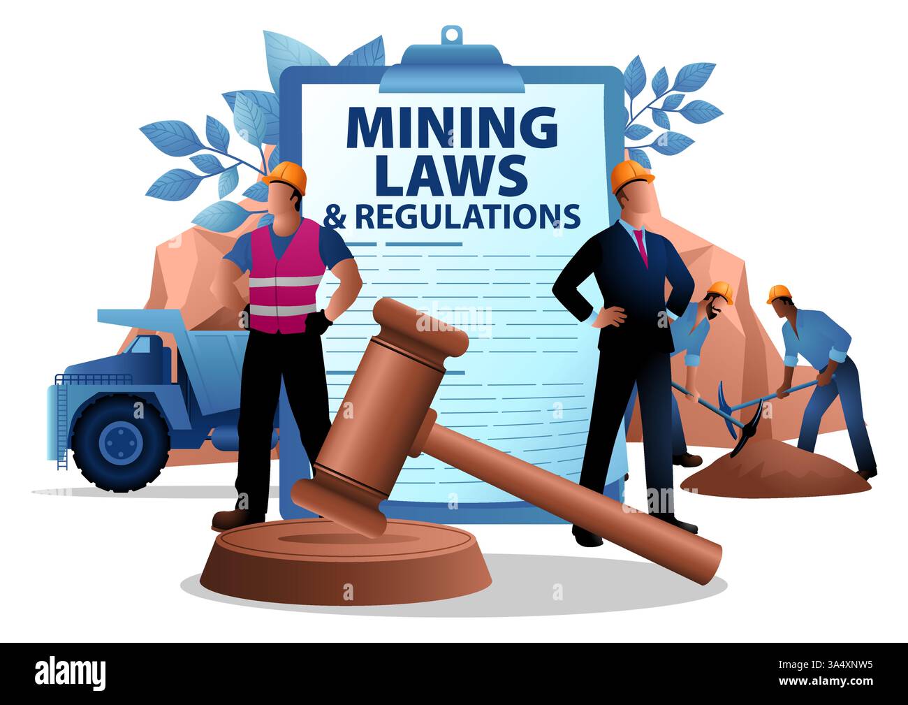 Conformità legale nel settore minerario, applicazione della legge industriale, normative ambientali, politiche di estrazione delle risorse. Illustrazione Vettoriale