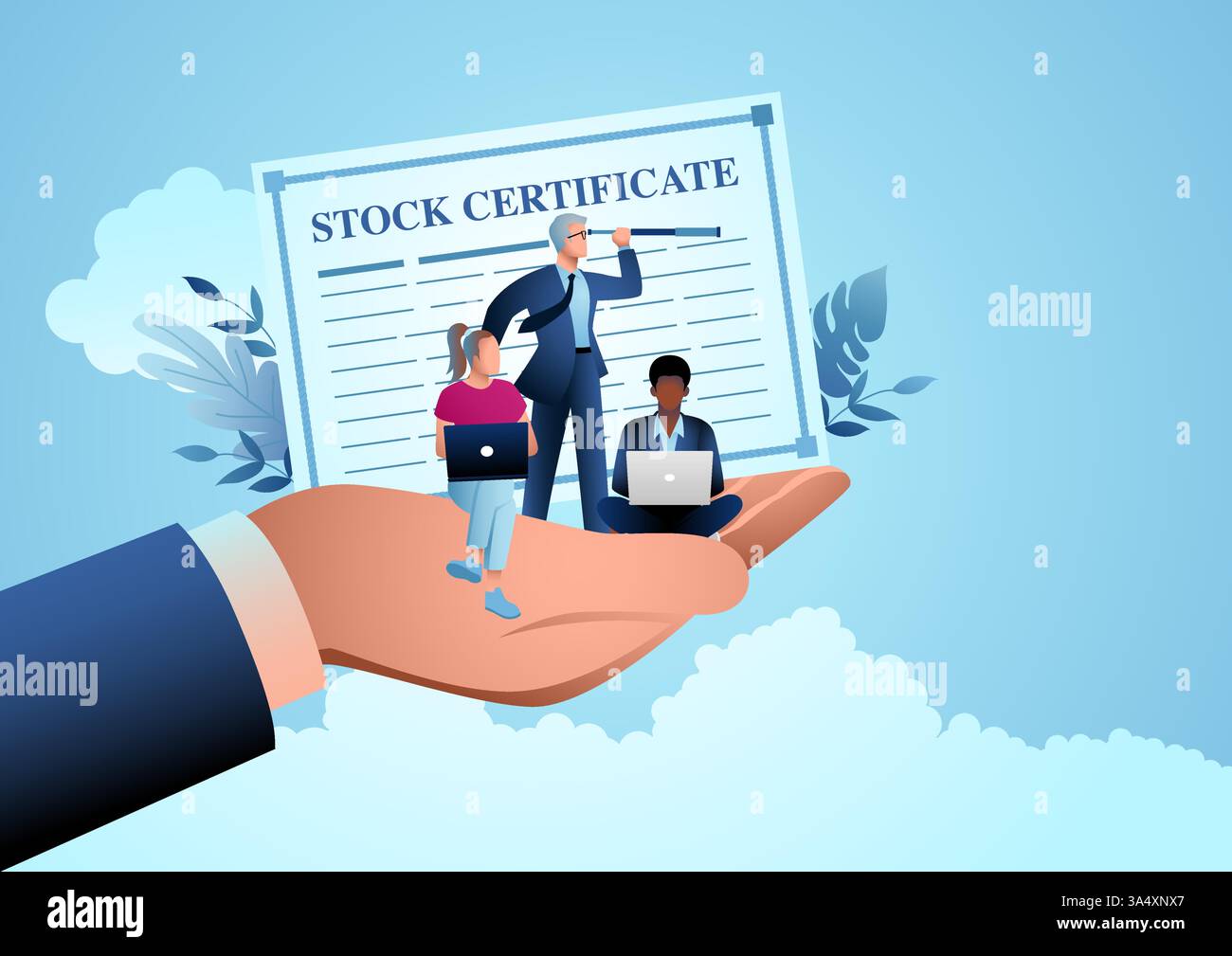 Illustrazione di una mano gigante che tiene in mano un uomo d'affari con un telescopio e un team aziendale su un laptop, con un certificato di borsa sullo sfondo, Concepts of st Illustrazione Vettoriale