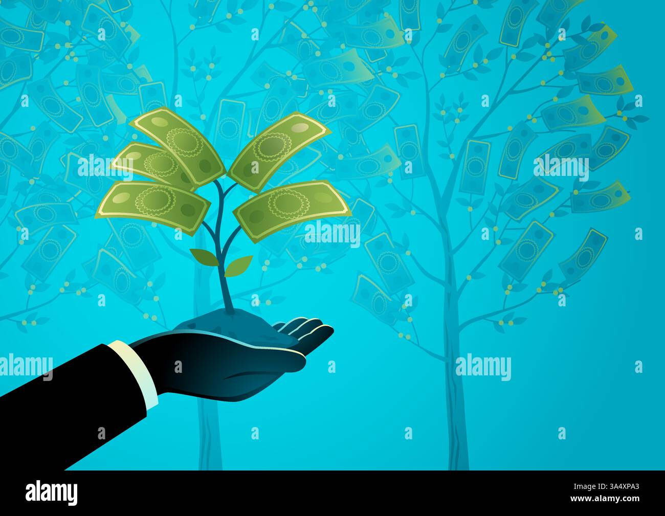 Mano a coltivare una giovane pianta di denaro, sullo sfondo di fiorenti alberi di denaro. Interessi composti, crescita finanziaria, investimenti. Illustrazione Vettoriale