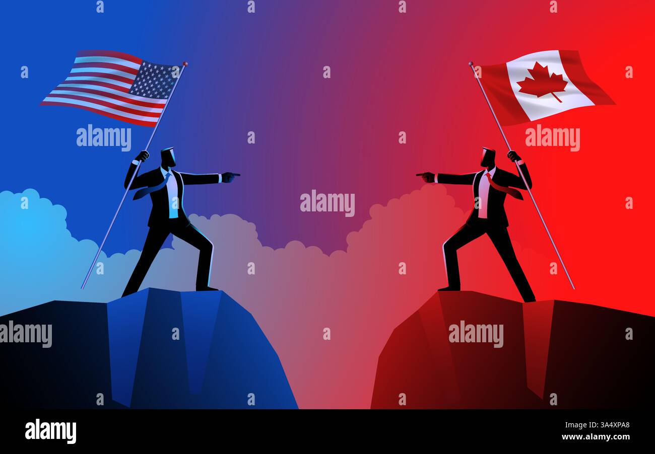 Uomini d'affari su scogliere opposte, tenendo le bandiere nazionali degli Stati Uniti e del Canada che si puntano l'una contro l'altra. Simboli di tensioni geopolitiche. Illustrazione Vettoriale