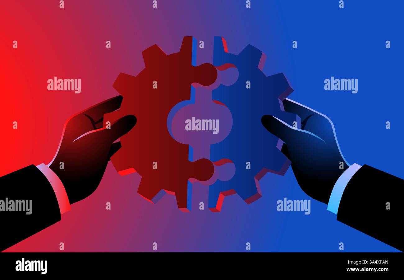 Due mani d'affari che collegano un puzzle a forma di ingranaggio, simboleggiano il lavoro di squadra, la fusione, l'acquisizione e la collaborazione aziendale Illustrazione Vettoriale