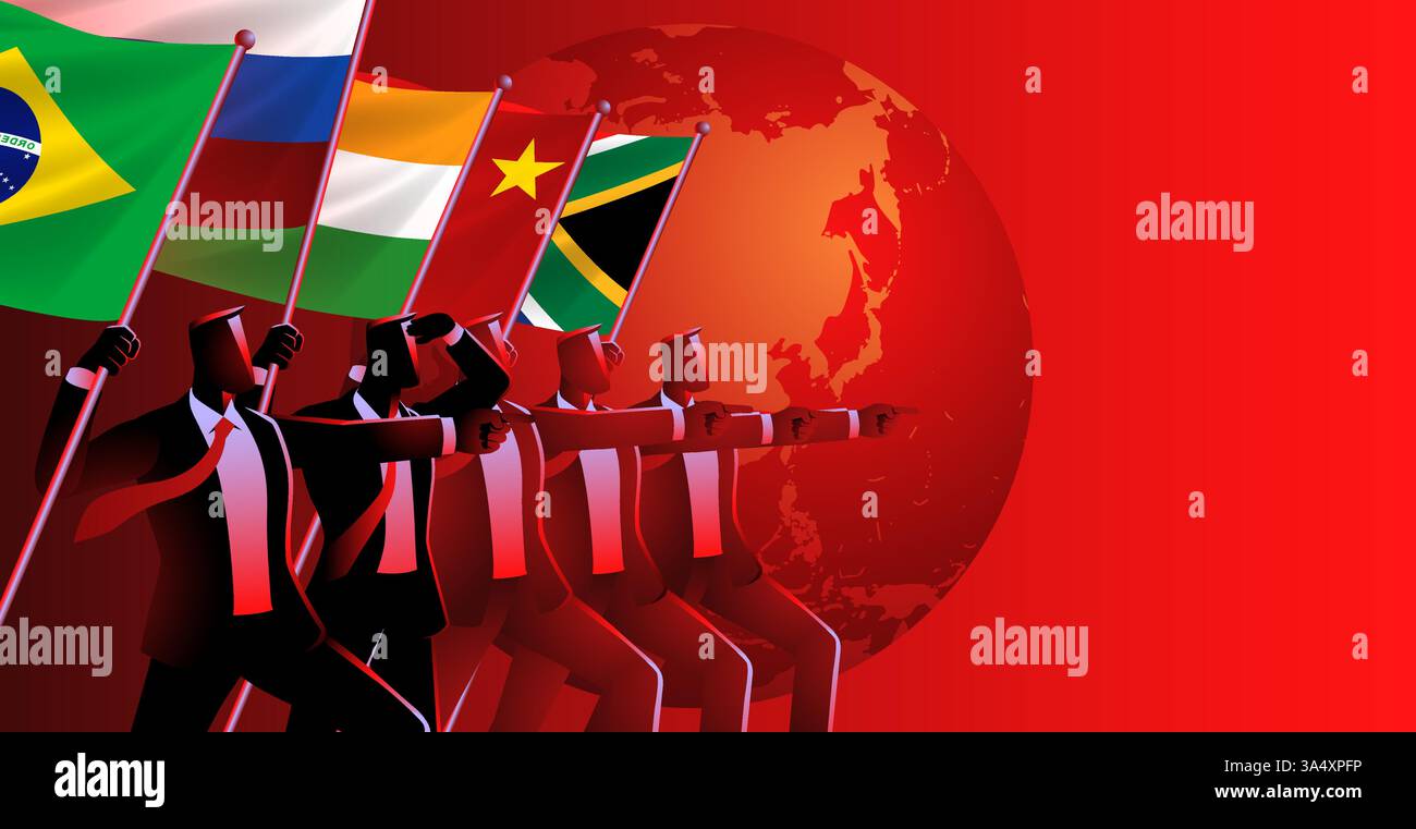 Uomini d'affari fiduciosi con orgoglio che tengono la bandiera BRICS e puntano in avanti, con un globo sullo sfondo. Ambizione globale, collaborazione economica. Illustrazione Vettoriale
