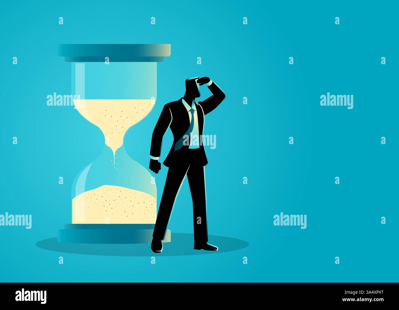 Uomo d'affari che mette la mano sulla fronte mentre guarda in lontananza, con una clessidra sullo sfondo. Simboleggiando la gestione del tempo, l'deadlin Illustrazione Vettoriale