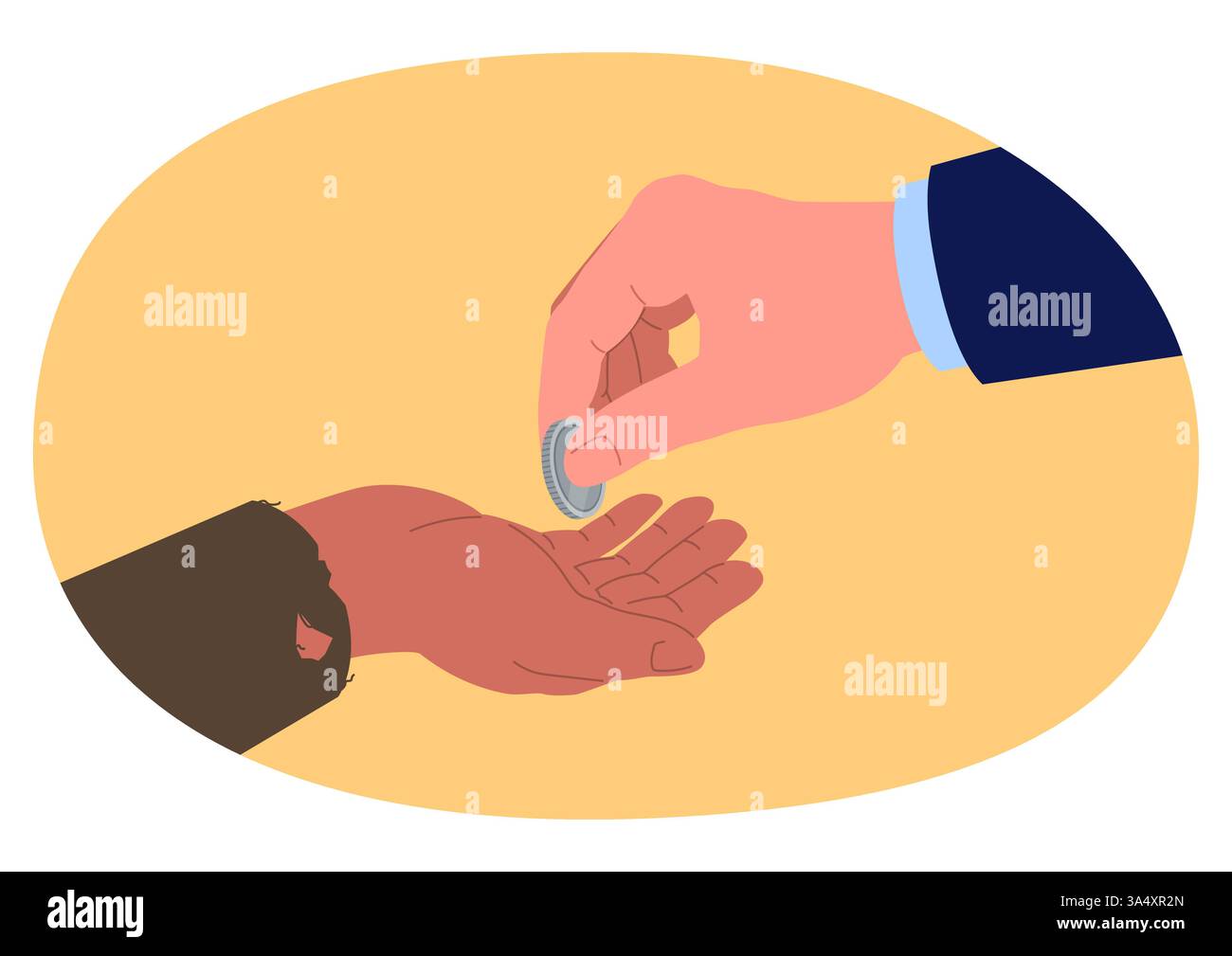 Semplice illustrazione vettoriale piatta di carità e generosità, con una mano benestante in un abito da lavoro che dà una moneta a una mano povera con una manica strappata Illustrazione Vettoriale