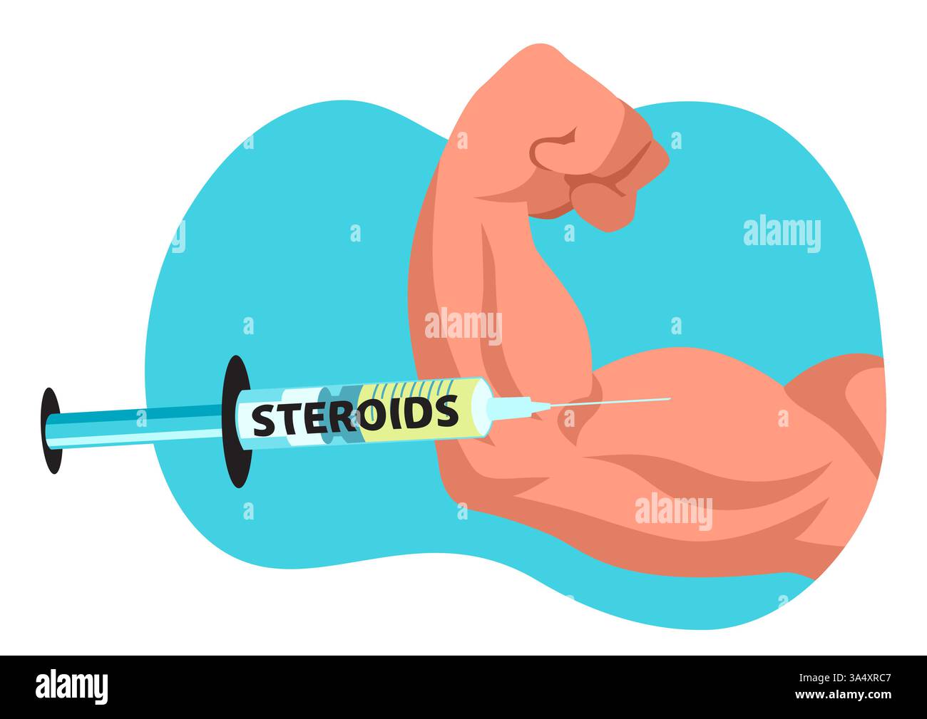 Illustrazione cartoon di un bicipite flesso iniettato con steroidi. Potenziamento muscolare, potenziamento delle prestazioni, argomenti di fitness, discussione sul bodybuilding Illustrazione Vettoriale