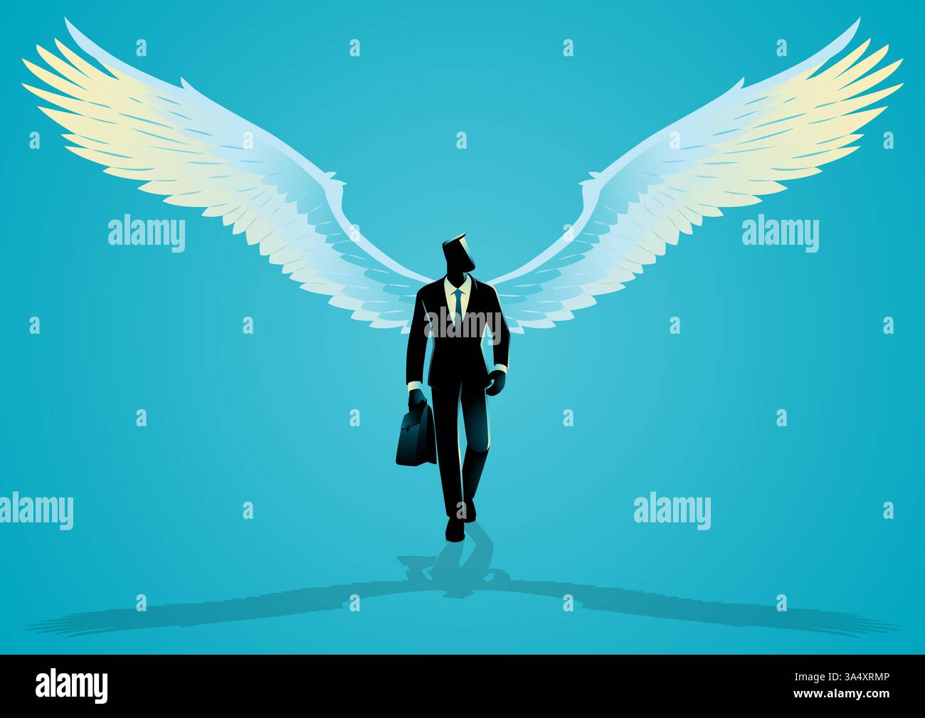 Uomo d'affari con ali angeliche che cammina con sicurezza mentre porta con sé una valigetta Illustrazione Vettoriale