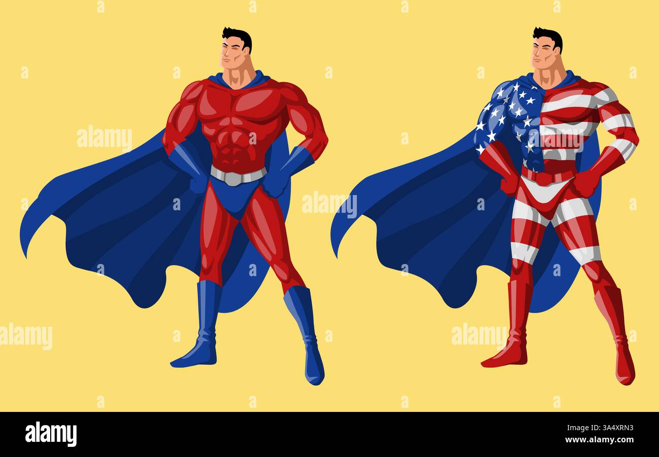 Supereroe muscoloso in un costume ispirato alle insegne USA, che colpisce una posa eroica con le mani sui fianchi Illustrazione Vettoriale