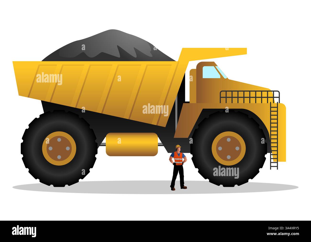 Dumper da miniera massiccio carico di terreno, con un lavoratore in piedi accanto per la scalabilità. Rappresenta l'estrazione industriale, il trasporto di materie prime. Illustrazione Vettoriale