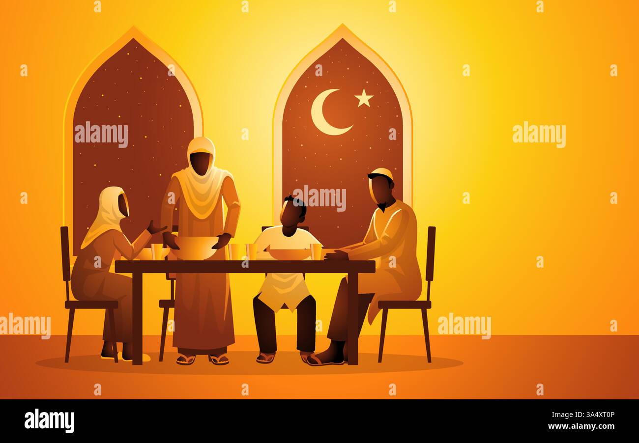 Famiglia musulmana che si diverte insieme all'iftar, vestita con abiti tradizionali. Le finestre ad arco rivelano un cielo notturno con una luna crescente e una stella. Tema Ramadan Illustrazione Vettoriale
