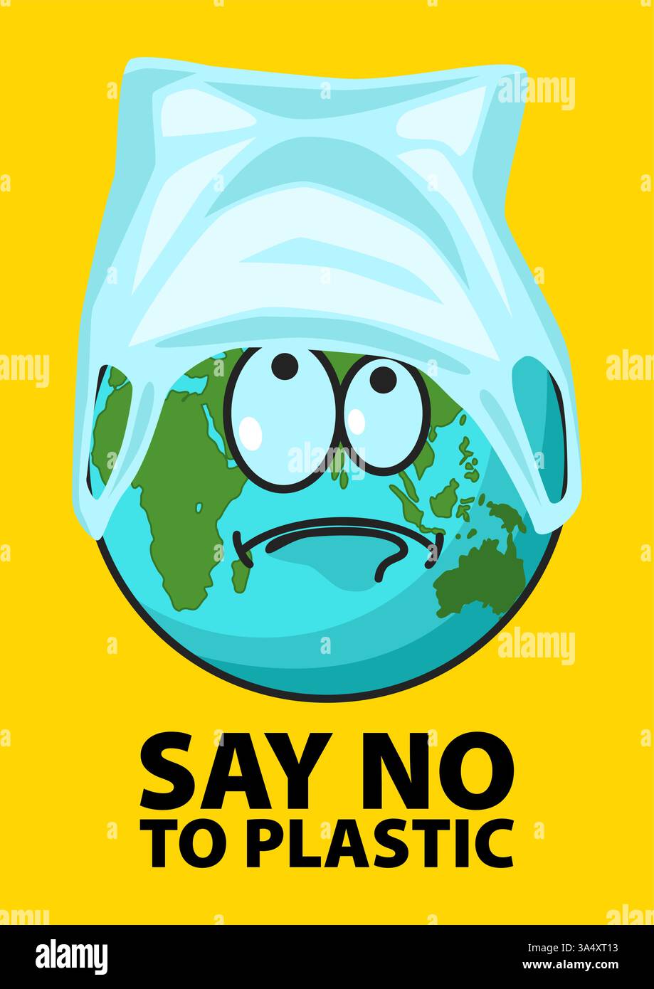 Illustrazione cartoon della Terra con la sua parte superiore avvolta in un sacchetto di plastica, che simboleggia l'impatto dell'inquinamento plastico sul pianeta. Illustrazione Vettoriale