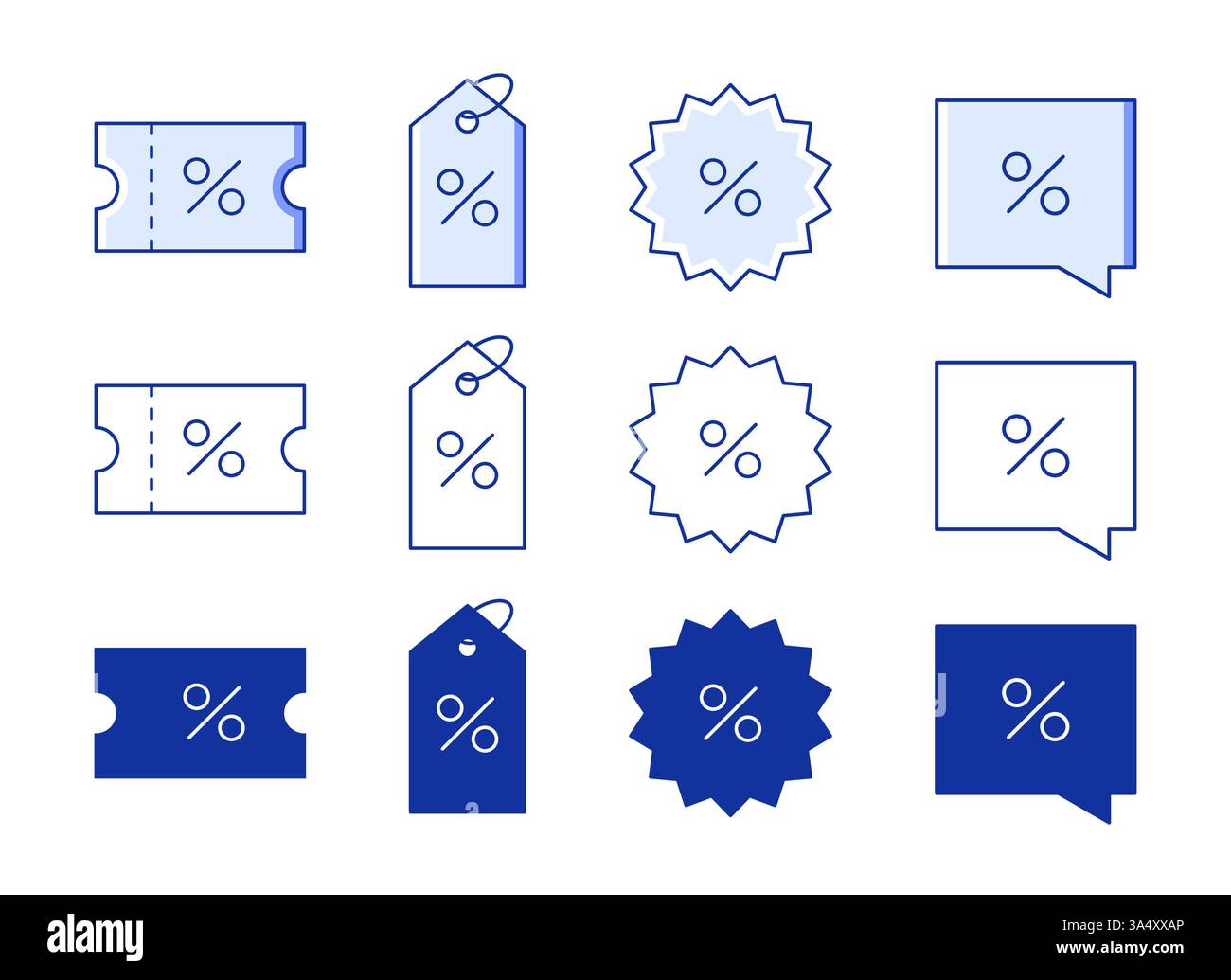 Set di icone di sconto con percentuale in stile diverso. Coupon, shopping tag, bolla vocale. Illustrazione vettoriale Illustrazione Vettoriale