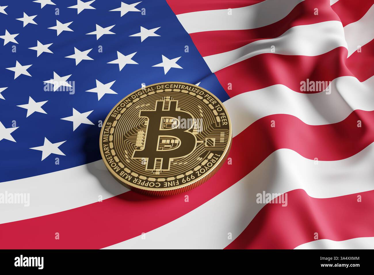 Bitcoin d'oro sulla bandiera nazionale degli Stati Uniti. Riserva strategica di bitcoin DEGLI STATI UNITI, politiche di criptovaluta, scambio e trading Foto Stock