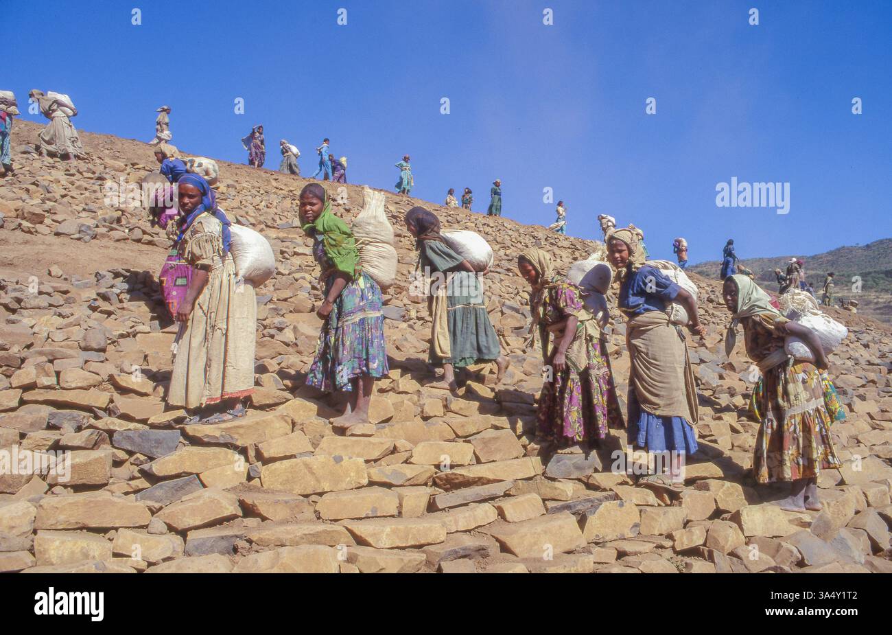 Etiopia, Hahaile, vicino ad Axum - donne lavoratrici al lavoro per la costruzione di una diga, per fermare l'erosione... Un progetto dell'organizzazione REST. Foto Stock