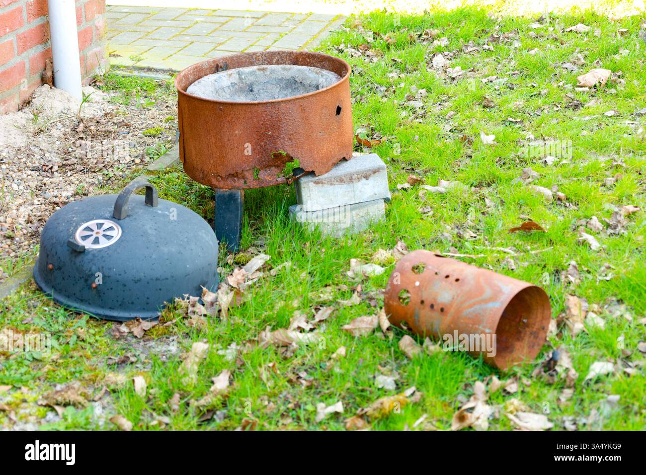 Barbecue all'aperto con cottura della carne in una giornata di sole in un cortile con erba verde. Foto Stock