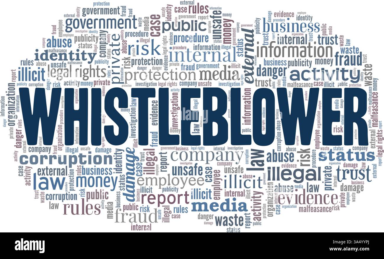 Immagine vettoriale whistleblower, parola cloud isolata su sfondo bianco. Illustrazione Vettoriale