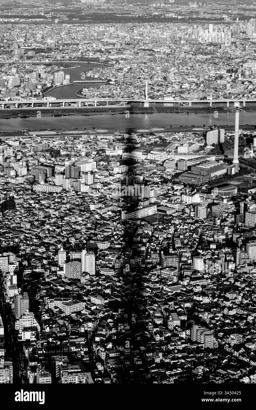 Vista in bianco e nero di Tokyo, con l'ombra suggestiva del Tokyo Skytree proiettata sulla fitta paesaggio urbano, creando un effetto visivo unico. Foto Stock