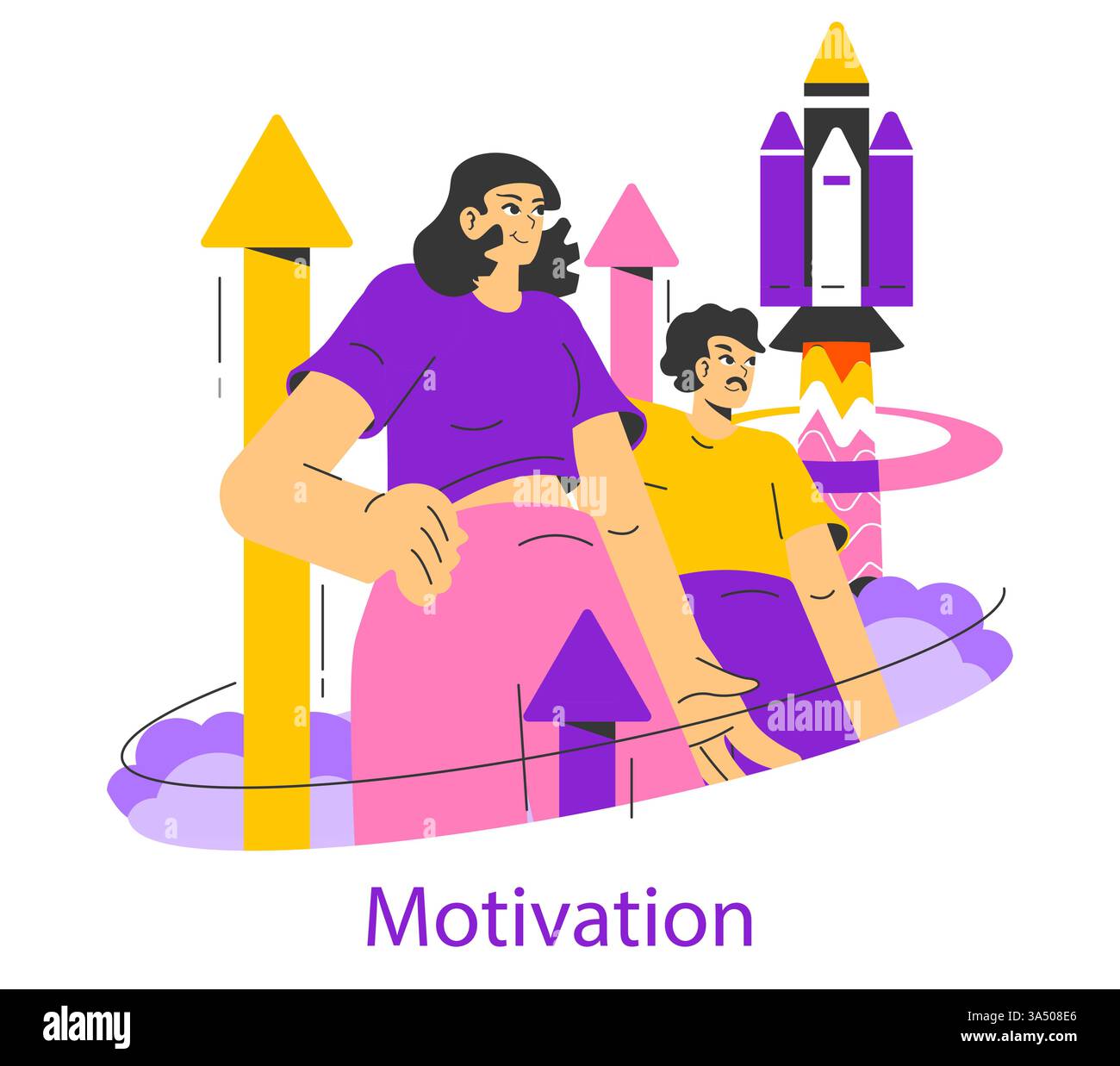 Concetto di motivazione. Persone circondate da simboli di crescita e progresso, che incarnano determinazione e aspirazioni. Rappresentazione visiva dell'ambizione e del progresso verso gli obiettivi. Illustrazione vettoriale. Illustrazione Vettoriale
