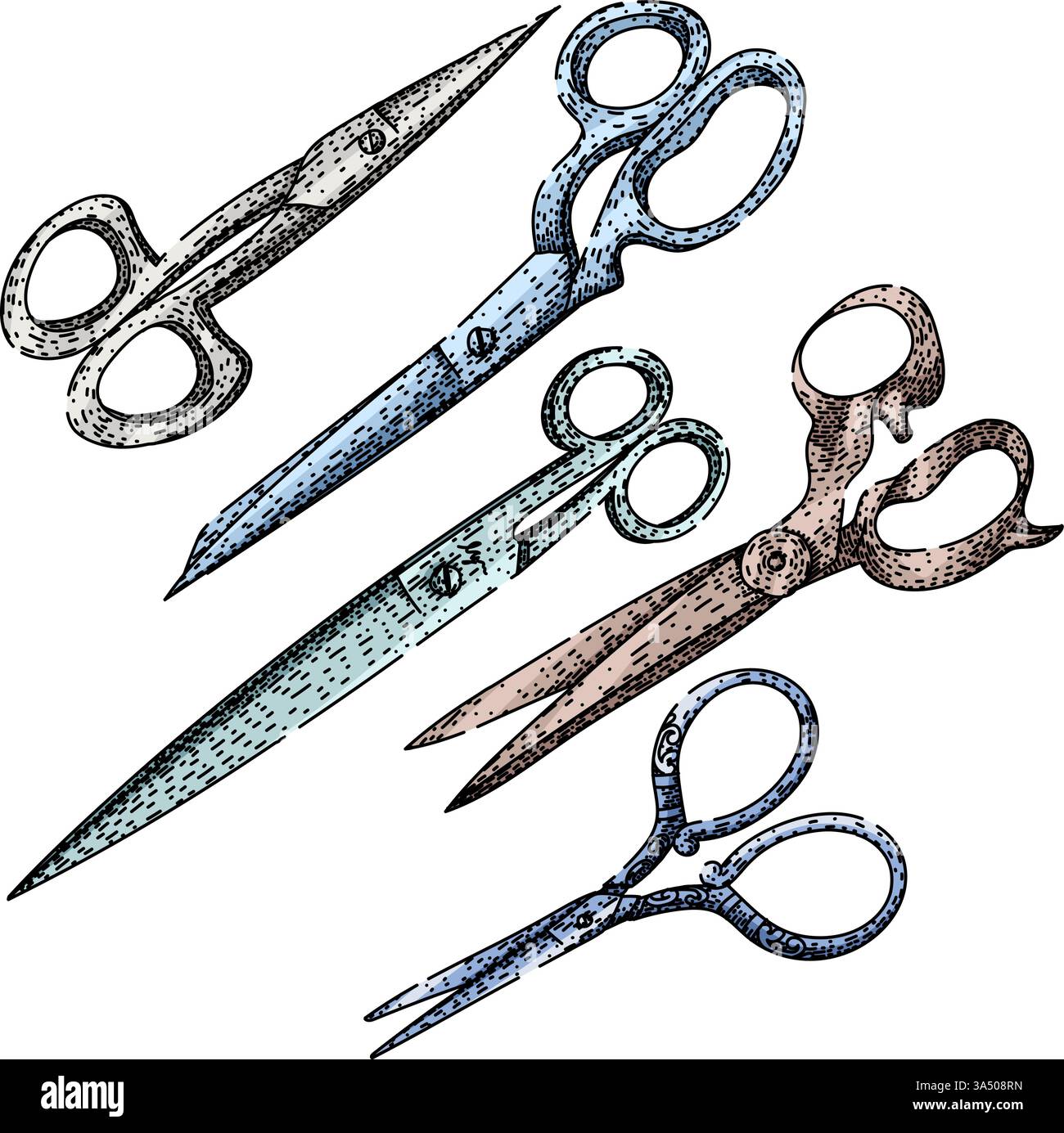 set forbici per disegnare il vettore disegnato a mano Illustrazione Vettoriale