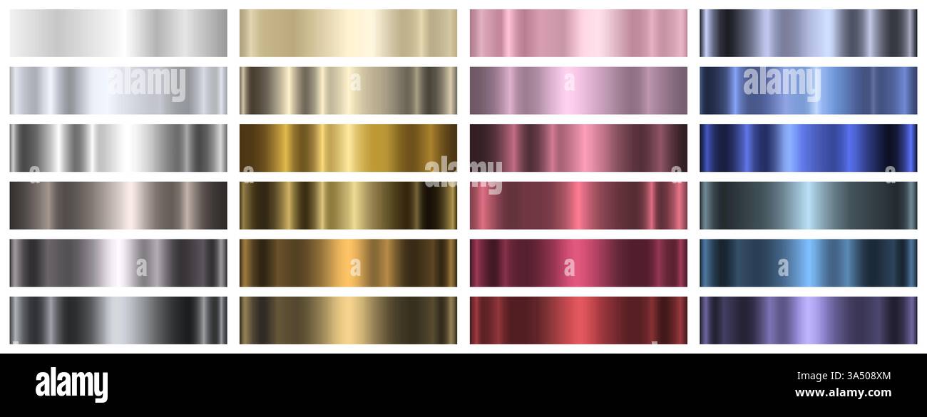 Una serie di gradienti metallici di diversi colori su uno sfondo bianco. Una collezione di sfumature metalliche oro, argento, rosso e blu. Illustrazione Vettoriale
