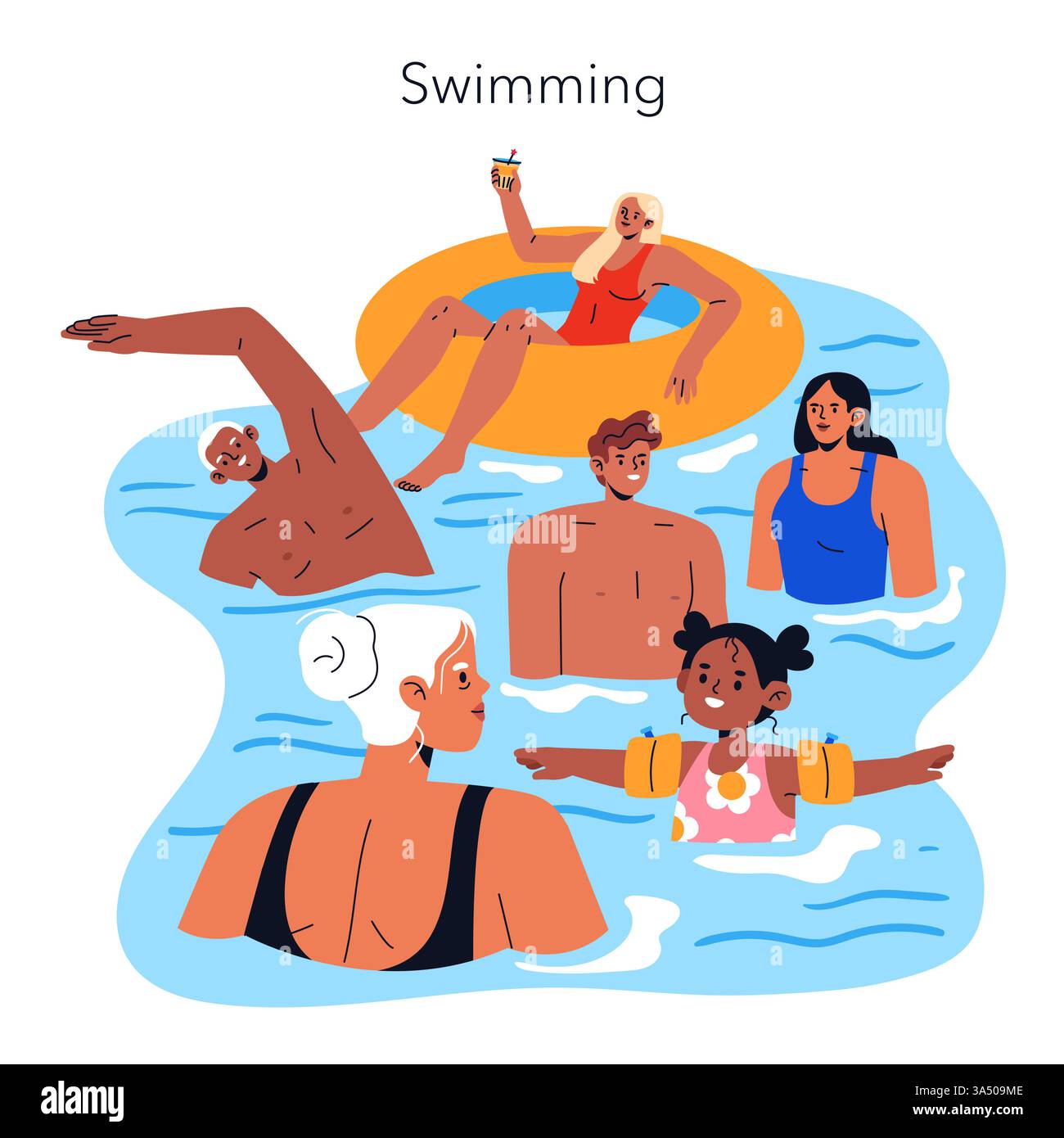Scenario di vacanza in spiaggia pieno di personaggi vivaci che si godono una nuotata rinfrescante. Diverse età e sfondi si riuniscono in acqua, incarnando gioia e relax. Costumi da bagno dai colori vivaci e accessori divertenti esaltano l'atmosfera allegra. Illustrazione vettoriale. Illustrazione Vettoriale