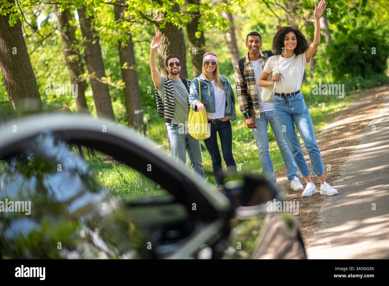 Gruppi diversi di amici all'aperto su una strada forestale, sorridendo e salutando la partenza di un'auto. Giorno di sole e vegetazione creano una vivace atmosfera da viaggio su strada. Ideale per viaggi, amicizia e campagne di avventura. Foto Stock