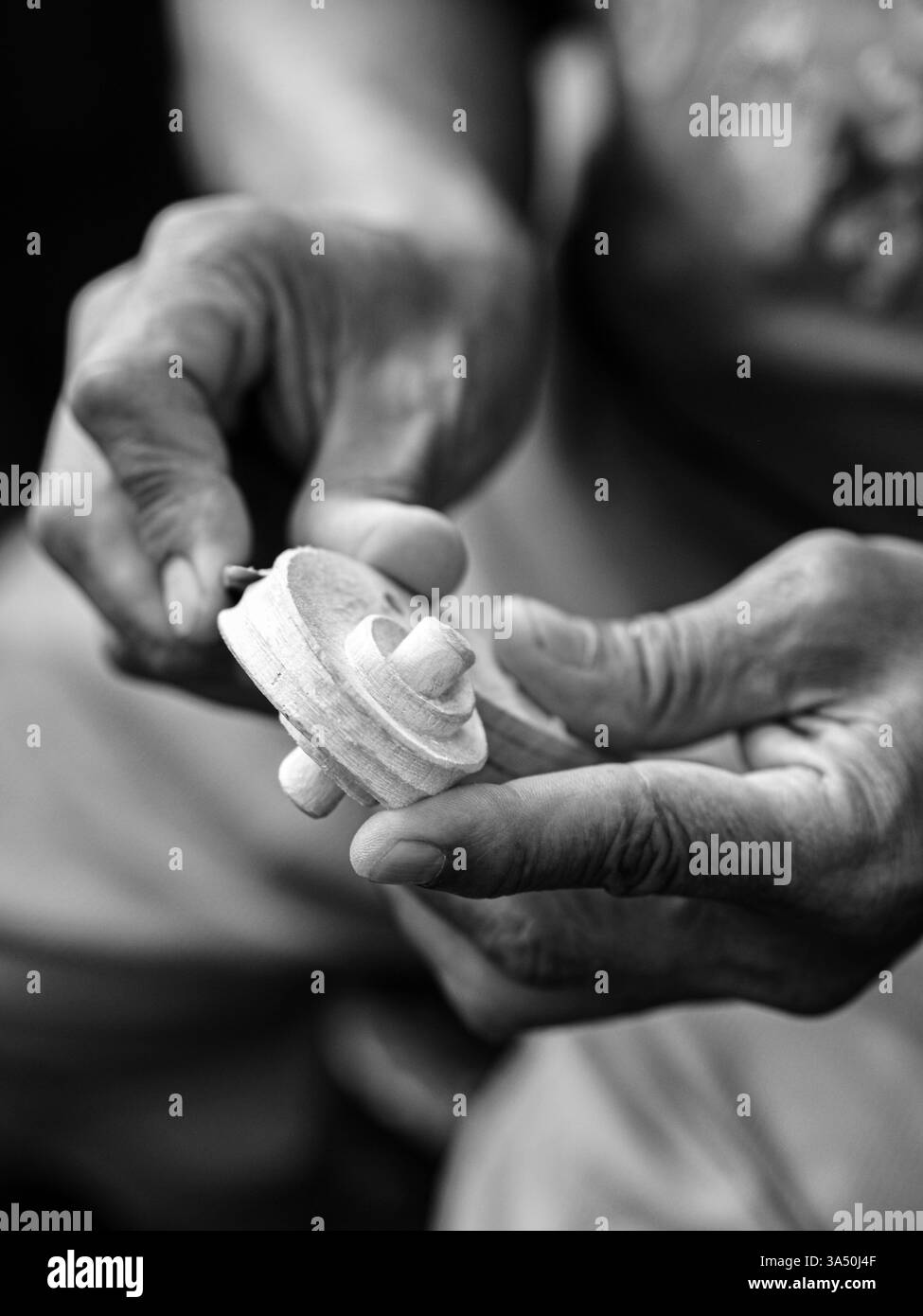 Immagine monocromatica di un artigiano maschio in un'officina, che ripara uno strumento a corde senza volti visibili. La scena enfatizza l'artigianato tradizionale, la vita dei negozi e i prodotti musicali fatti a mano. Adatto per liutai, produzione di strumenti e piccole imprese. Foto Stock