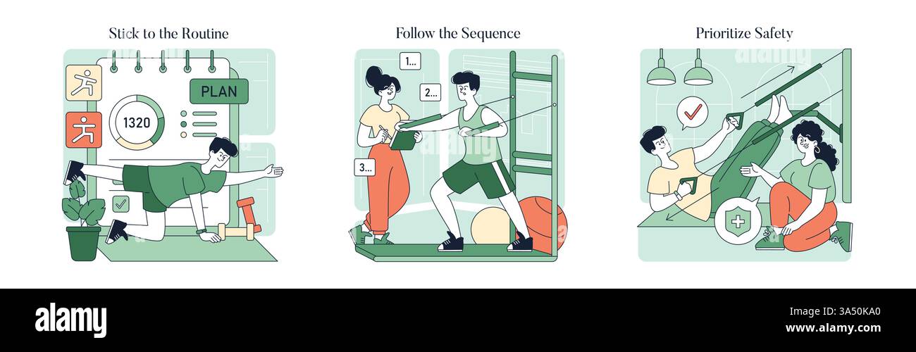 Illustrazione Pilates incentrata su una routine strutturata e sulla sicurezza. L'illustrazione mette in evidenza gli esercizi, le sequenze seguenti e l'importanza delle misure di sicurezza per il fitness. Illustrazione vettoriale. Illustrazione Vettoriale