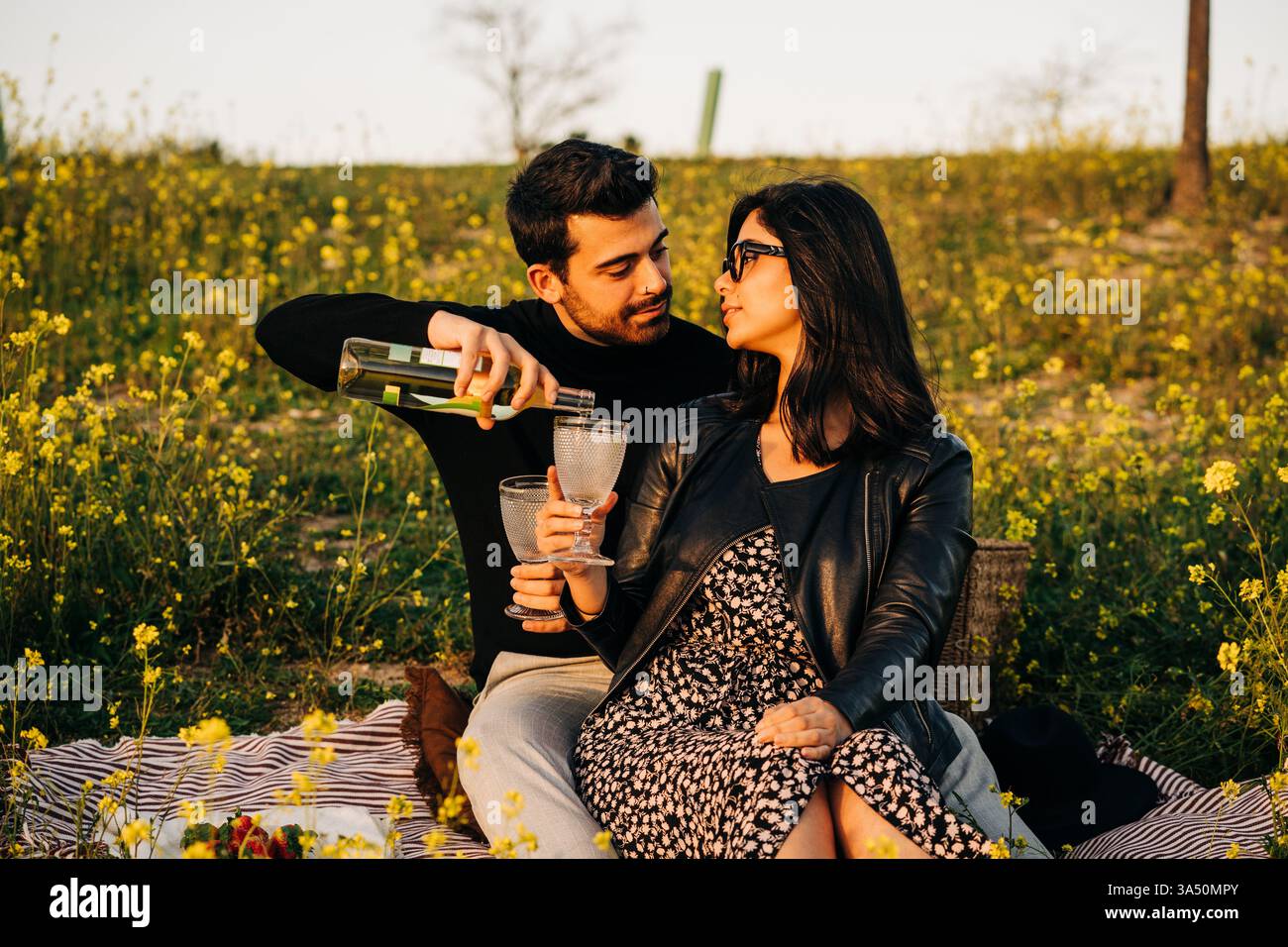 Momento romantico di una giovane coppia in un prato, mentre l'uomo versa il vino in un bicchiere e si guardano l'un l'altro. Questa immagine di stile di vita all'aperto è ideale per incontri, romanticismo e campagne di svago. Foto Stock