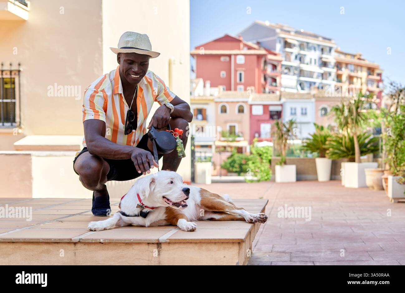 Uomo afroamericano positivo seduto con il suo cane, un americano Pit Bull Terrier, in una strada cittadina durante una giornata estiva. Ideale per la proprietà di animali domestici, compagnia di cani e contenuti di stile urbano. La scena irradia calore e disponibilità. Foto Stock