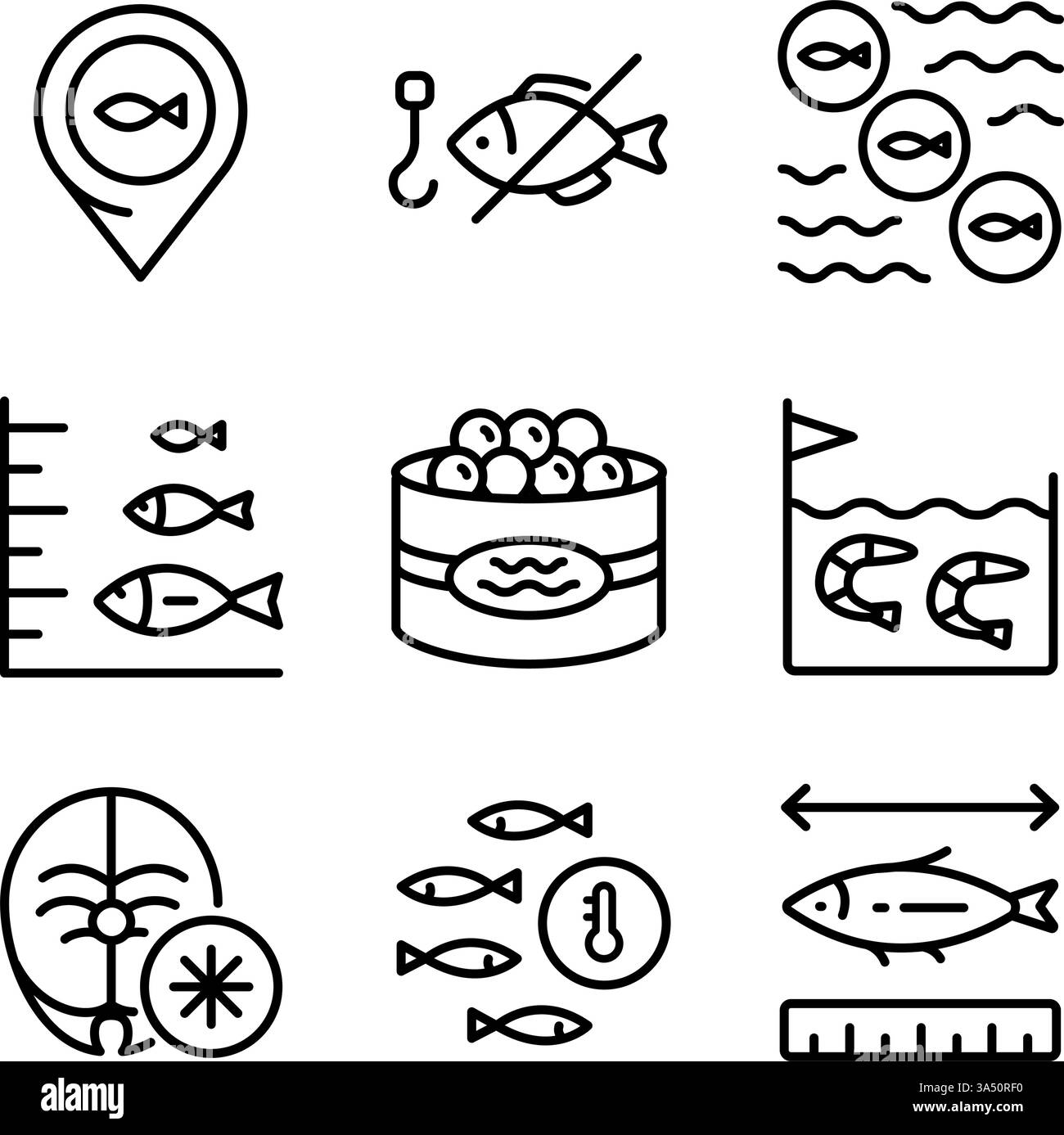 Set di icone dell'allevamento ittico. Descrizione delle icone degli allevamenti ittici. Semplice illustrazione vettoriale per il concetto mobile e il web design. Illustrazione Vettoriale