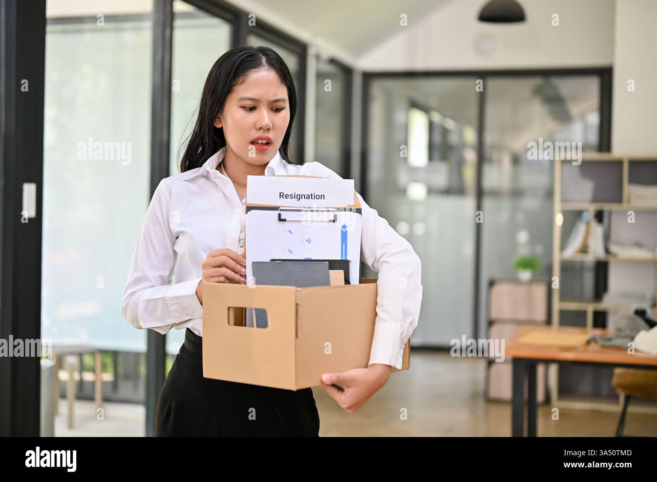Ritratto di una donna millennial asiatica che tiene in mano una scatola di cartone con i suoi effetti personali, suggerendo la perdita di un lavoro o un cambiamento di carriera. Utile per storie a tema aziendale, occupazionale e HR su licenziamenti, dimissioni e transizione. Foto Stock
