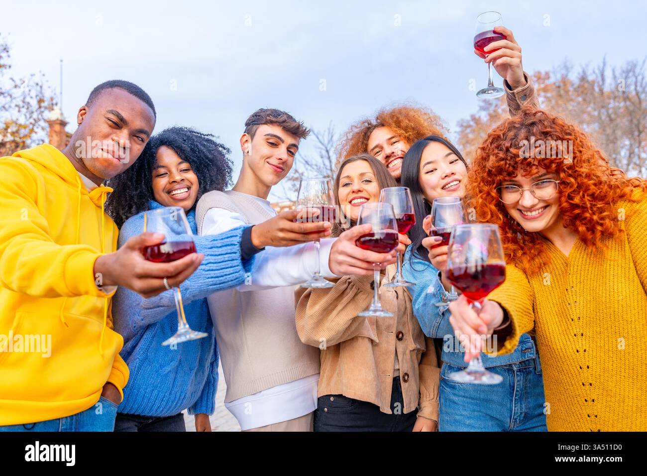 Allegro e variegato gruppo di amici che brindano bicchieri di vino rosso in un parco durante il giorno. Una vivace celebrazione dell'amicizia e della vita sociale all'aperto. Ideale per lo stile di vita, la diversità e le immagini delle attività del fine settimana. Foto Stock