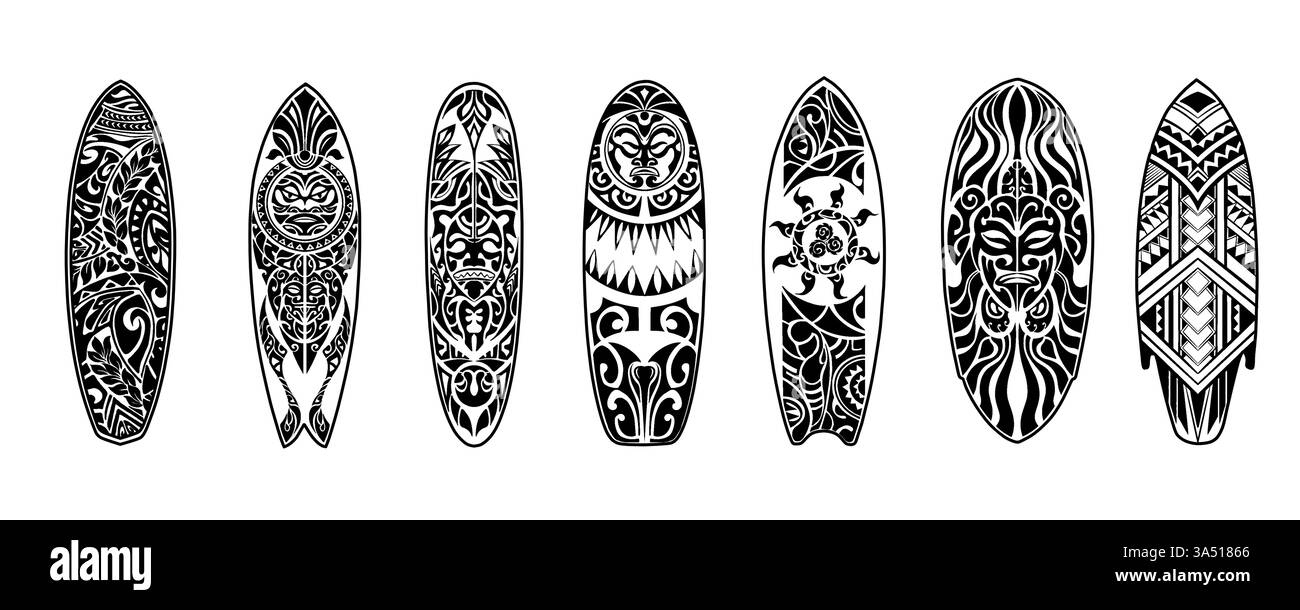 Un set di sette silhouette da surf con disegni tribali polinesiani in bianco e nero. Foto Stock