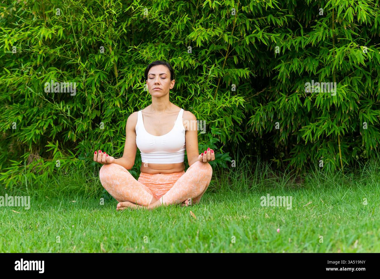 Donna ispanica concentrata che pratica la posa del loto su un prato soleggiato. Questa tranquilla immagine di fitness è adatta per lo yoga, la consapevolezza e le campagne di benessere all'aperto. Ideale per il branding del benessere, spa e promozioni per uno stile di vita sano. Foto Stock