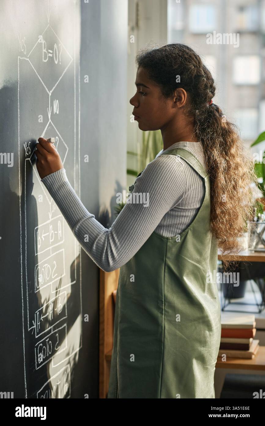 Le studentesse nere scrivono una formula su una lavagna in un laboratorio di computer durante il giorno. Questa immagine didattica supporta temi STEM, aula e tecnologia. Foto Stock
