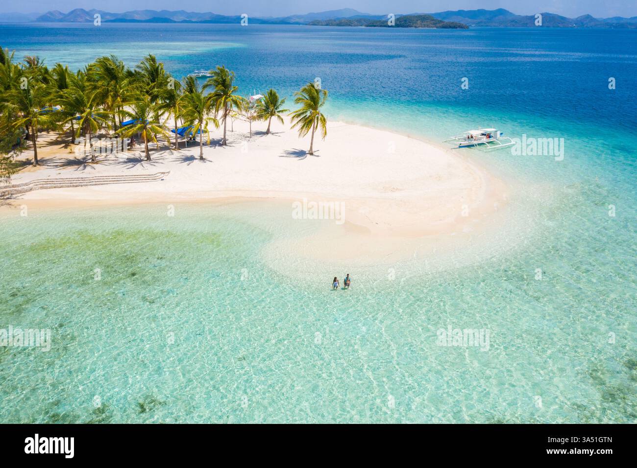 La spiaggia tropicale di Coron, Filippine, presenta acque cristalline e palme ondeggianti. La tranquilla costa è ideale per viaggi, turismo e immagini di marketing delle destinazioni. Ideale per i post sui blog e i contenuti promozionali sulle vacanze sull'isola. Foto Stock