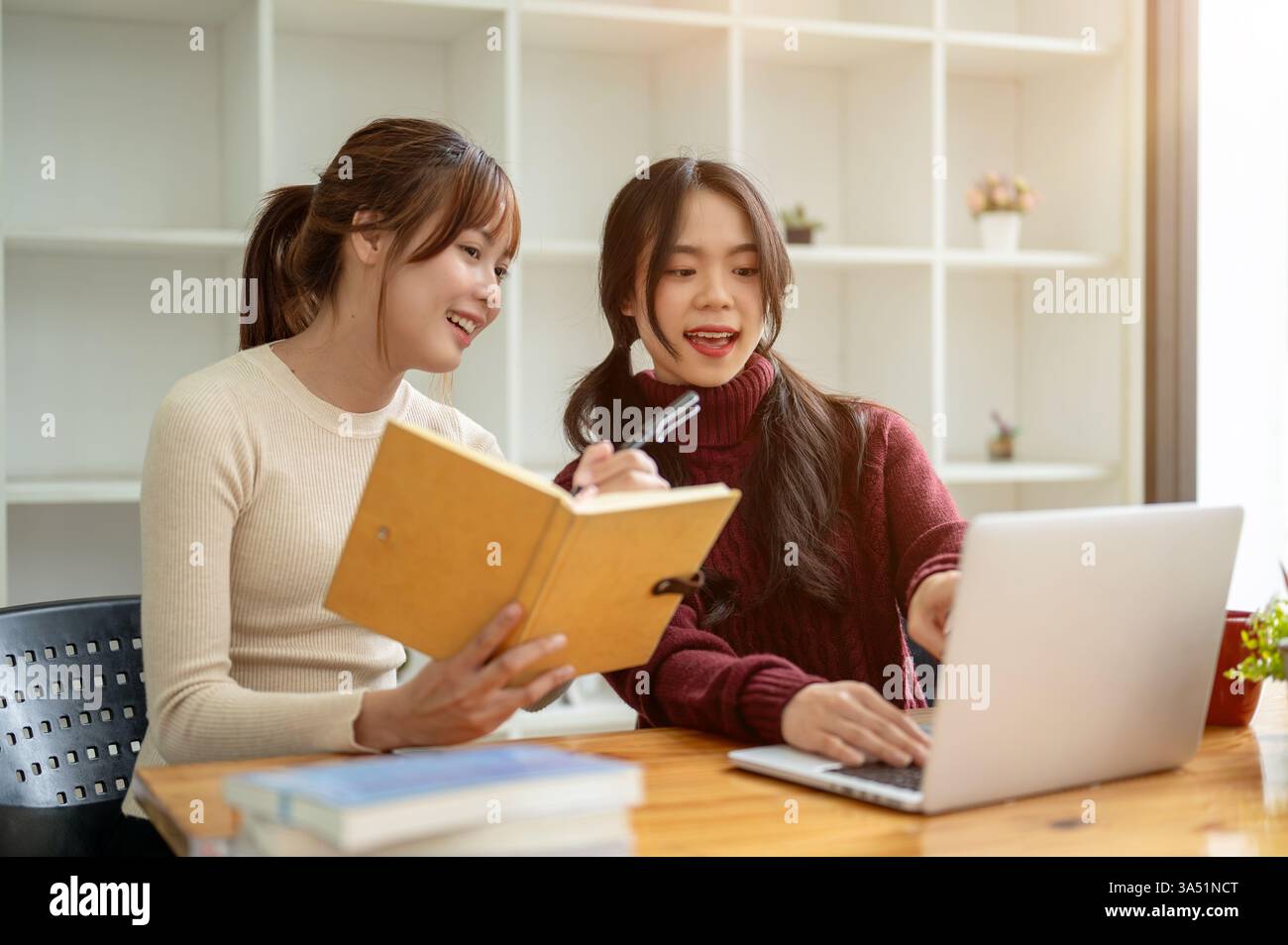 Le donne asiatiche sorridenti studiano insieme in un bar, usando un notebook. Ideale per contenuti sulla collaborazione tra studenti, spazi di coworking e attività in bar. Foto Stock